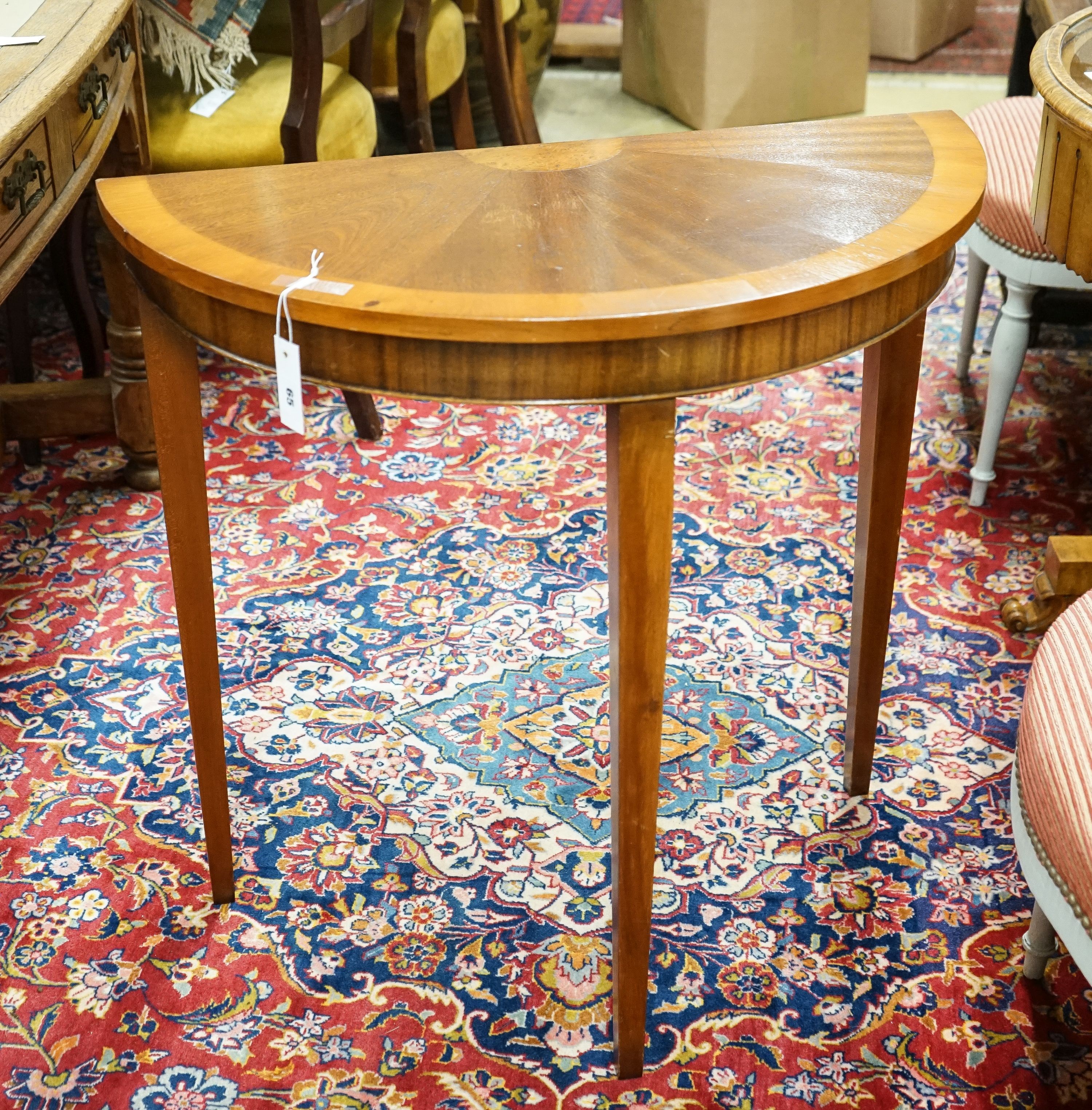 A reproduction inlaid mahogany 'D' shape side table, width 36cm, depth 38cm, height 76cm